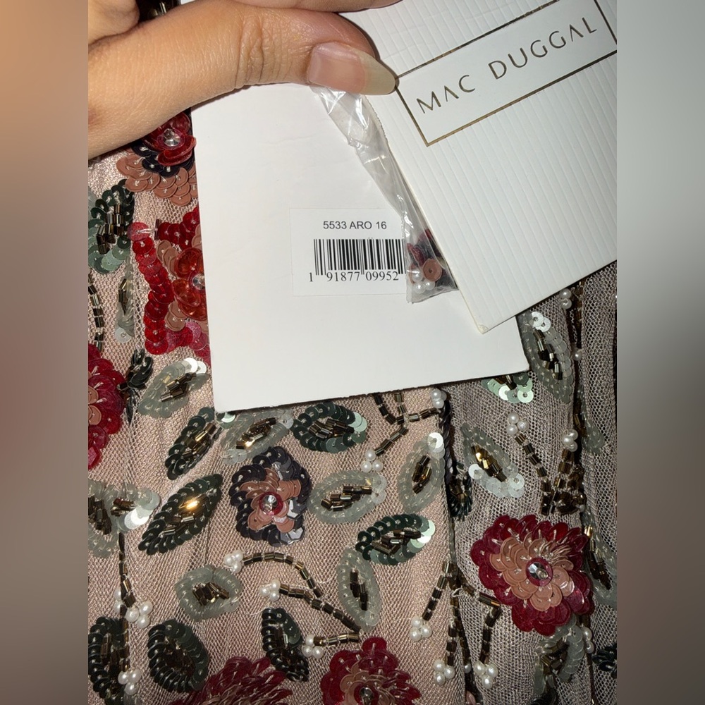 NWT | Mac Duggal Cream Maxi Dress with Long Sleeves & Floral Embroidery Size 16 - Picture 9 of 15